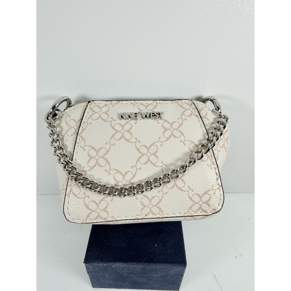 Nine West Leather‎ Mini Cosmetic Handbag Beige Brown Chain Handle Bag Purse